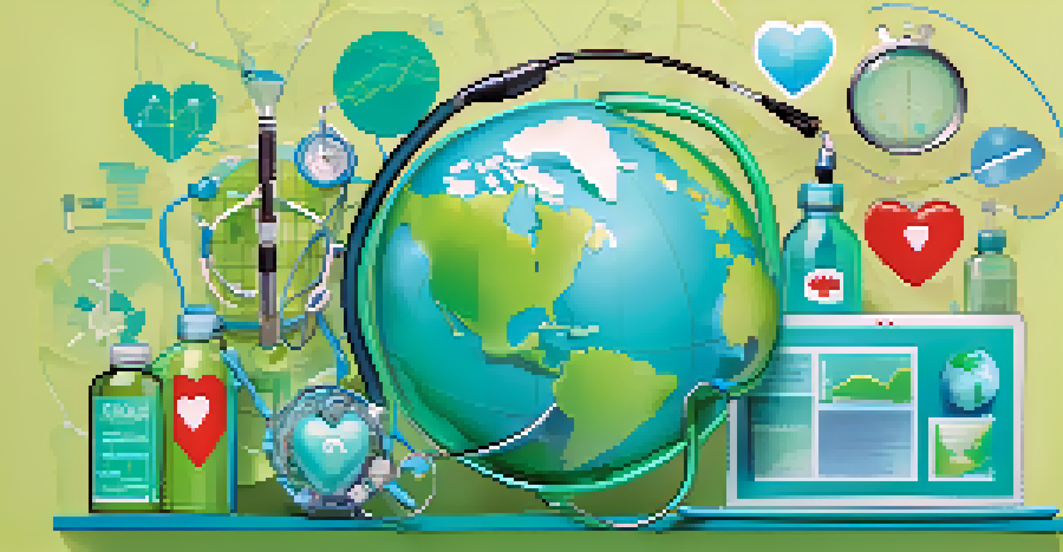 A globe intertwined with healthcare symbols like stethoscopes and medicine bottles, set against a blue and green gradient background.