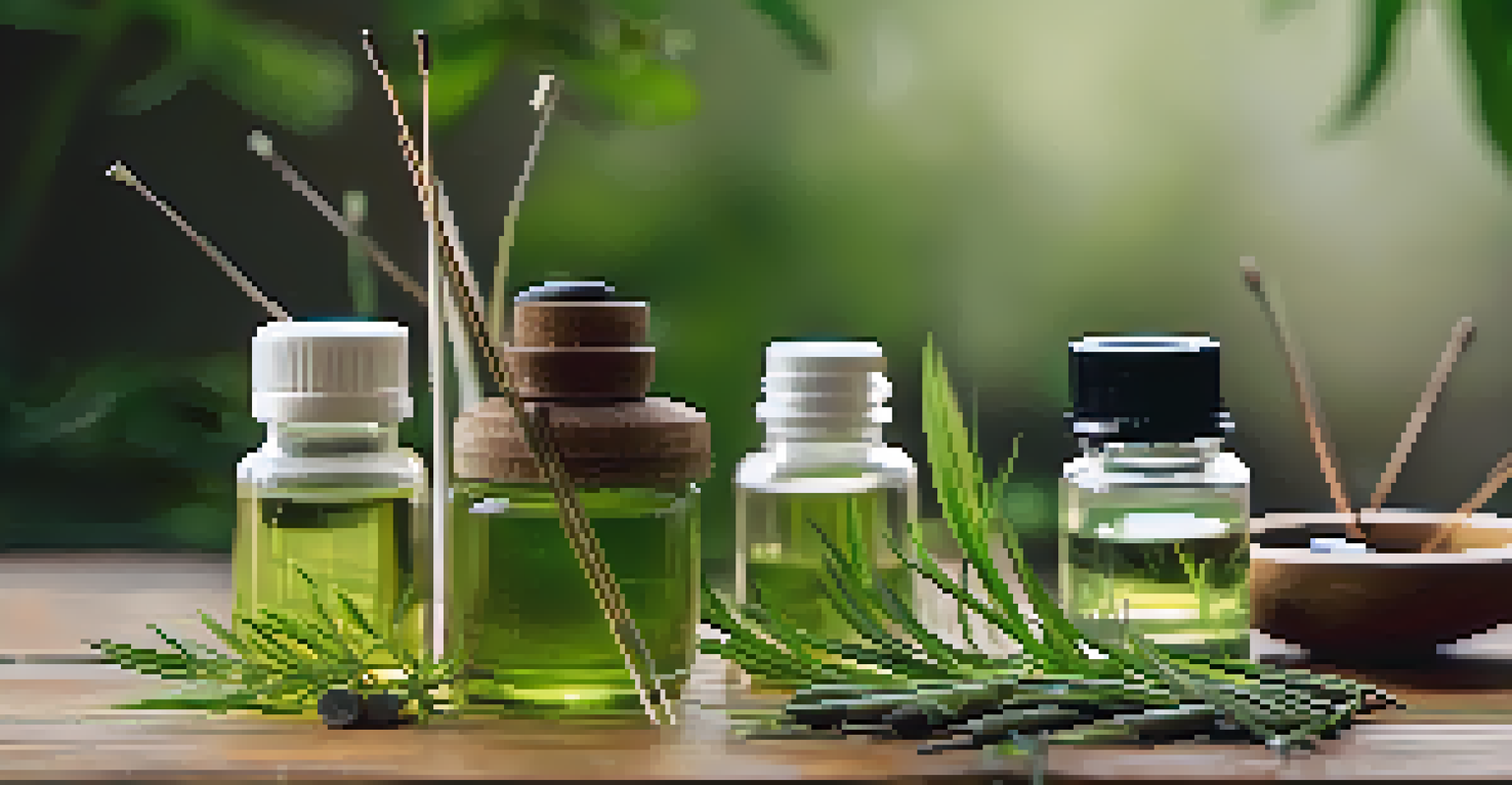Close-up of acupuncture needles on a wooden table with herbal remedies and essential oils, set against a blurred tranquil spa background.
