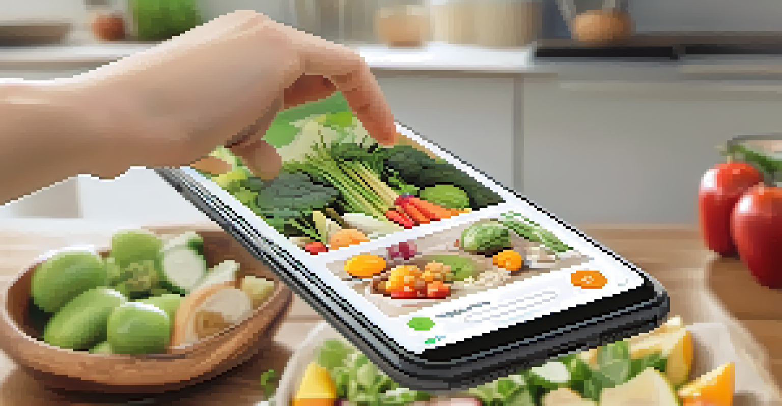 A smartphone showing a health tracking app in front of a colorful display of fresh vegetables and fruits in a kitchen setting.