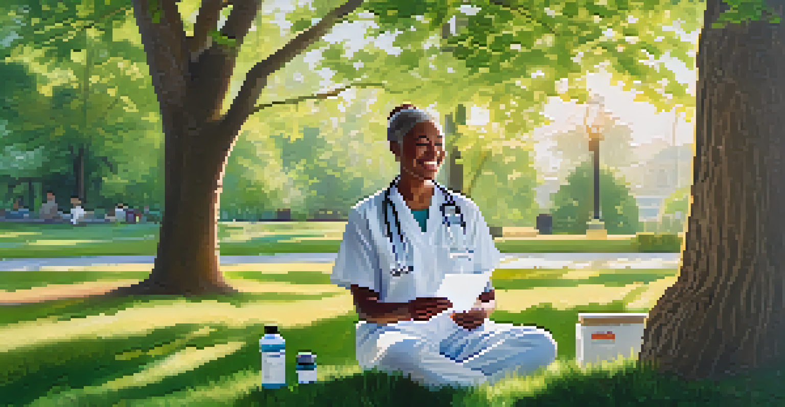 A patient and healthcare provider smiling and discussing medication in a sunny park, symbolizing personalized healthcare.