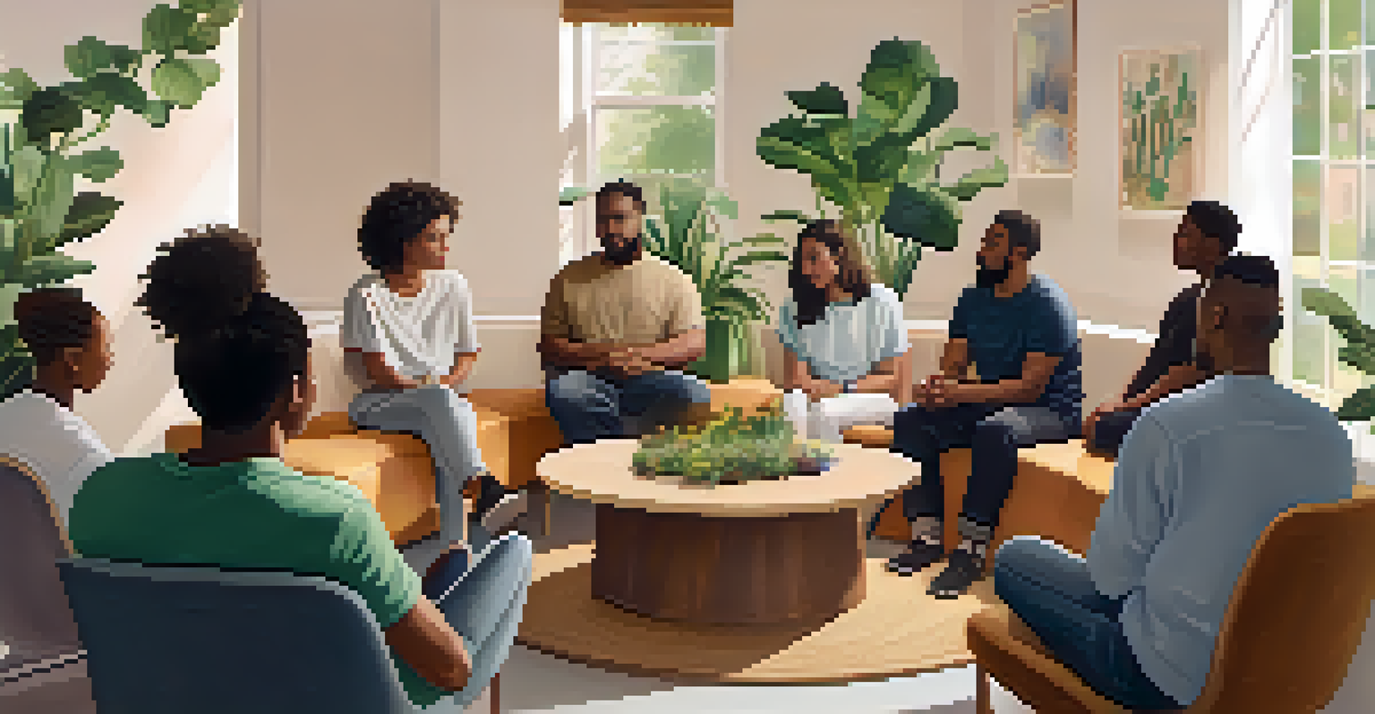 A diverse group of individuals sitting in a circle in a support group, sharing experiences in a cozy room.