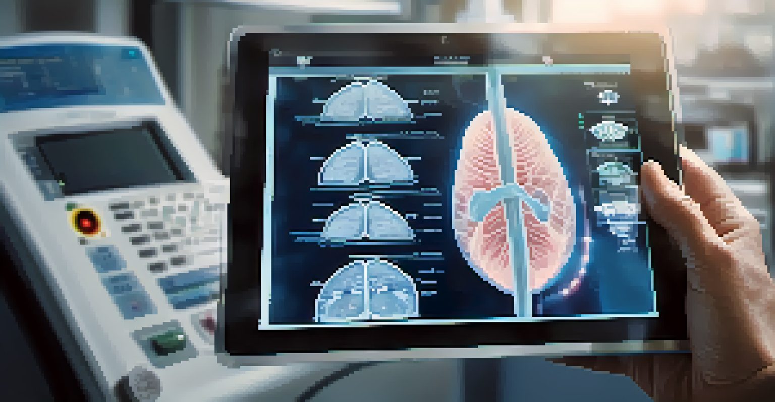 A close-up of a doctor's hand holding a tablet with a patient's scan results showing tumor locations.
