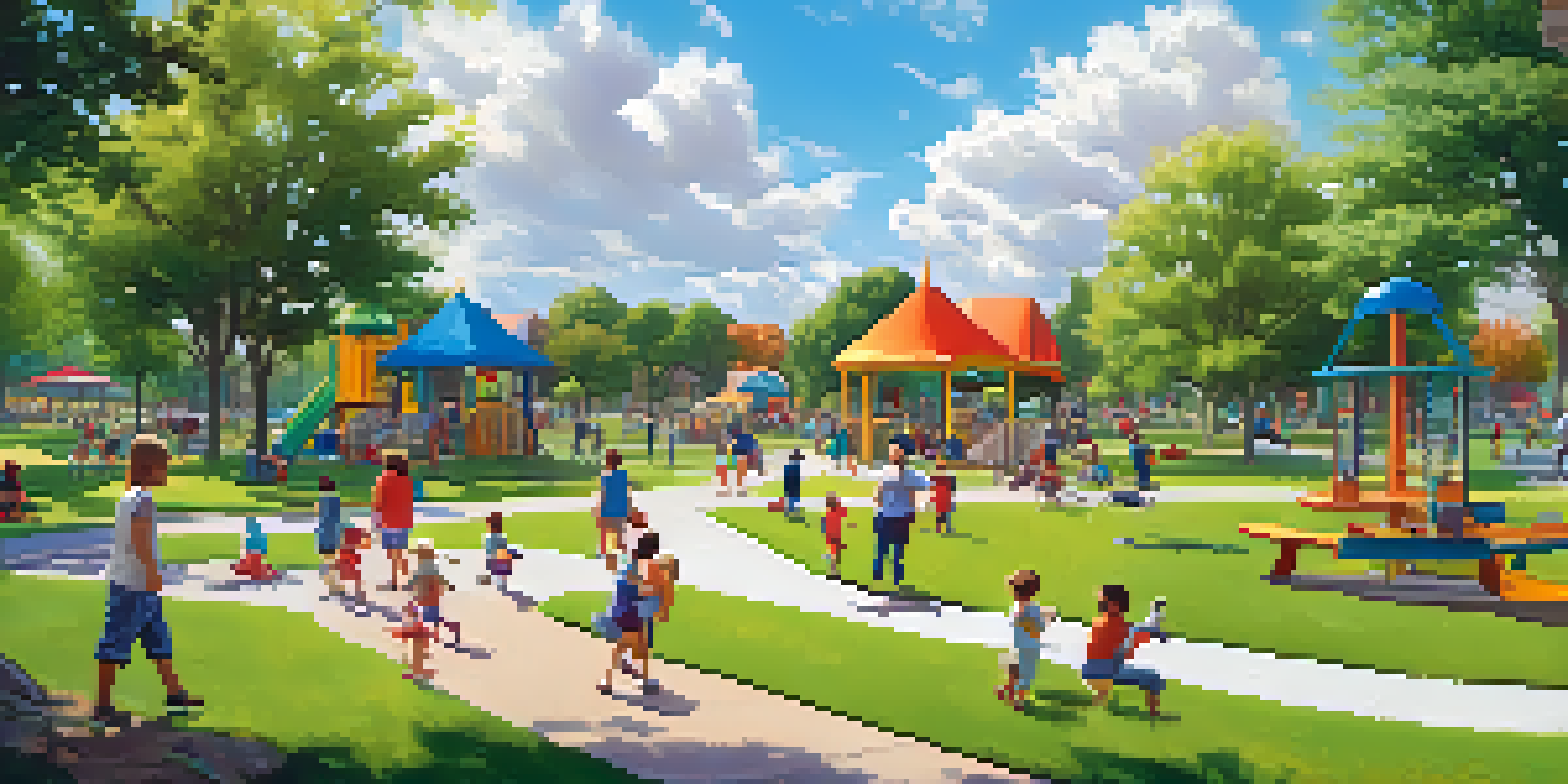A sunny community park with children playing and families enjoying the outdoors, surrounded by trees and colorful playground equipment.
