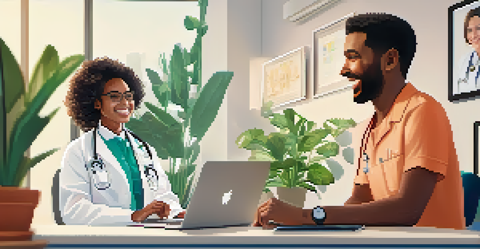 A healthcare professional and a patient engaging in a video call, set in a bright and modern office environment.