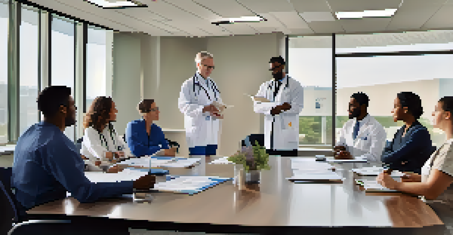A diverse team of healthcare professionals discussing patient care plans around a table.