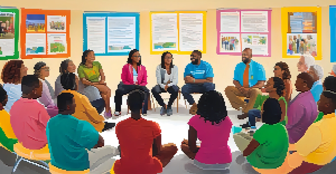 A diverse group of individuals participating in a community health workshop, discussing health literacy with enthusiasm in a bright and colorful room.