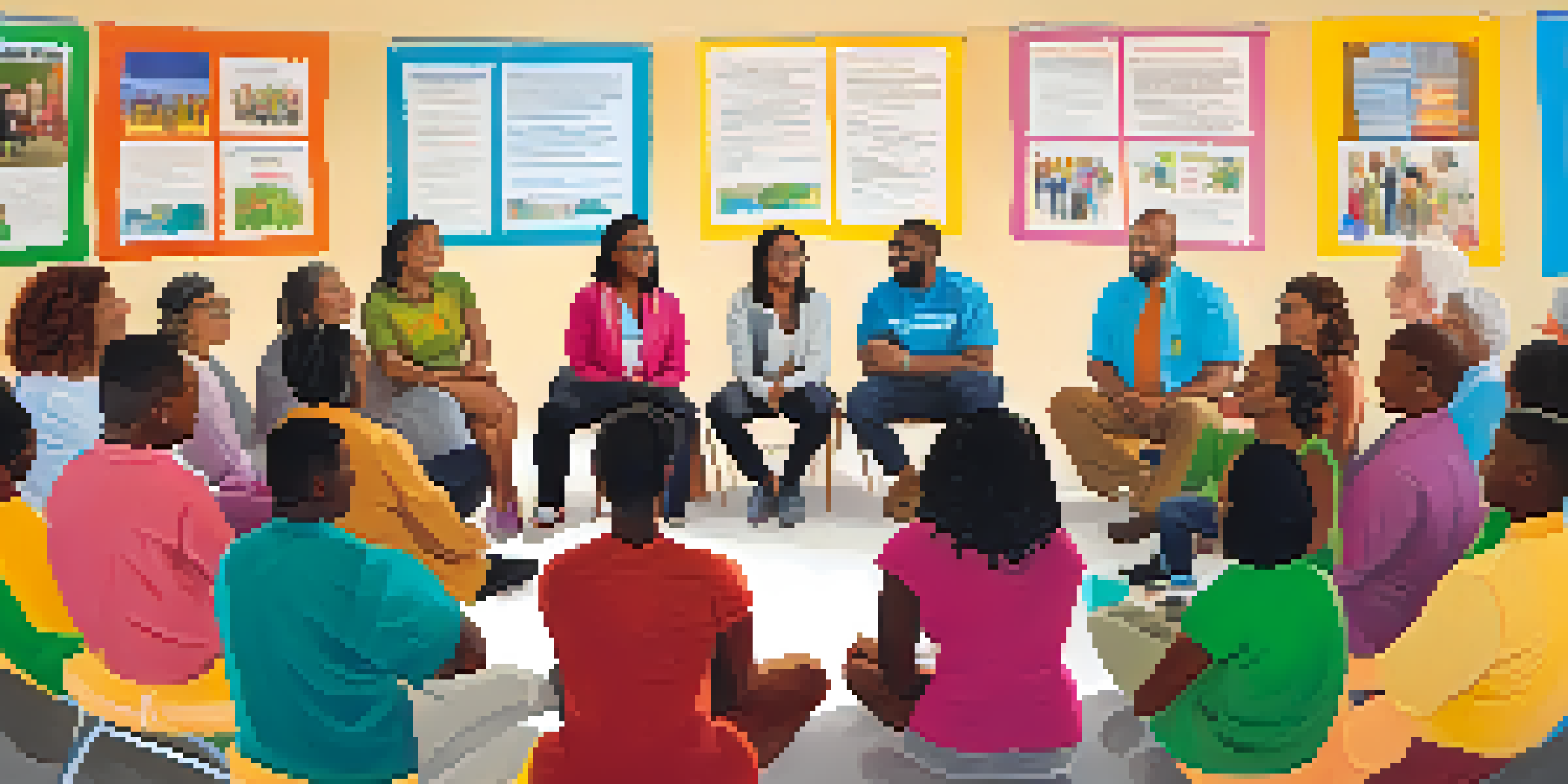 A diverse group of individuals participating in a community health workshop, discussing health literacy with enthusiasm in a bright and colorful room.