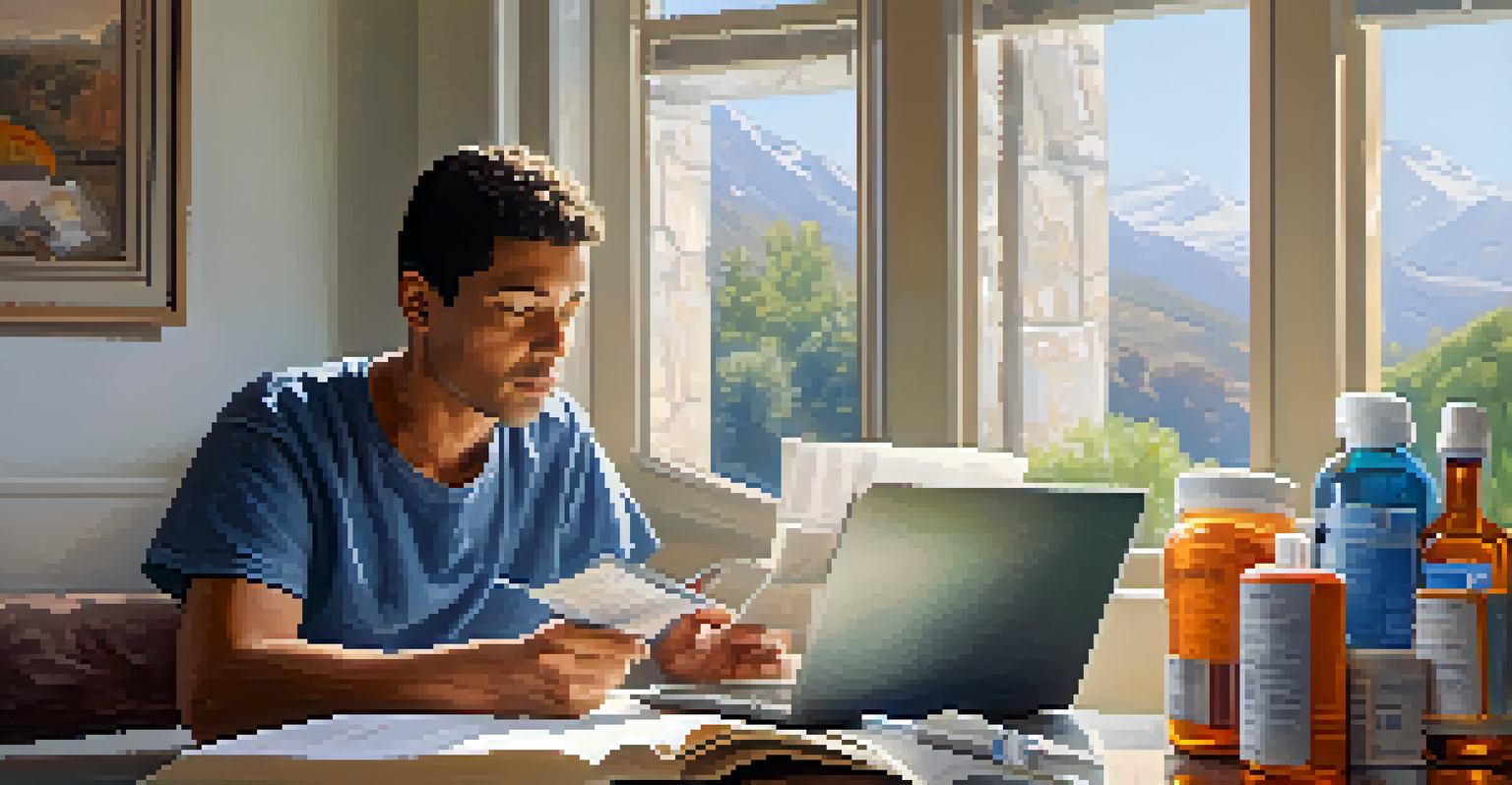 A patient at home reading medication information surrounded by prescription bottles and a laptop.