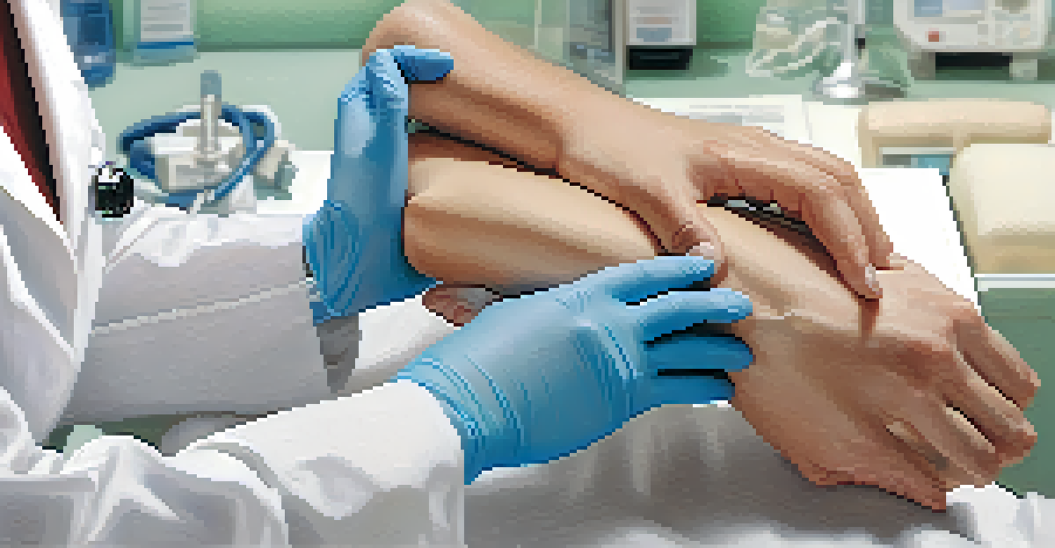 A close-up of a medical professional examining a patient's wrist in a clinic.