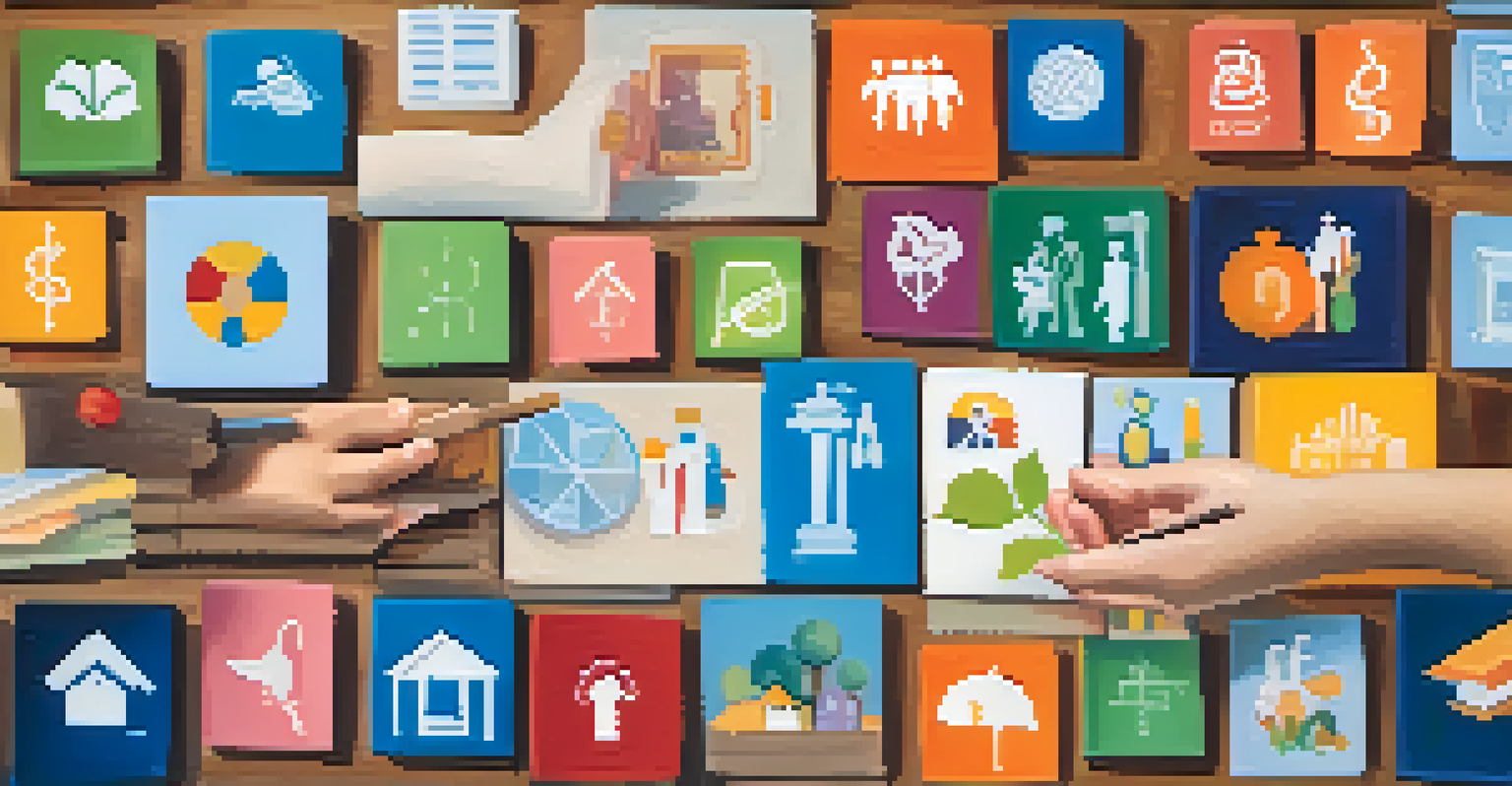 Close-up of hands holding colorful icons representing social determinants of health, with a blurred community background.