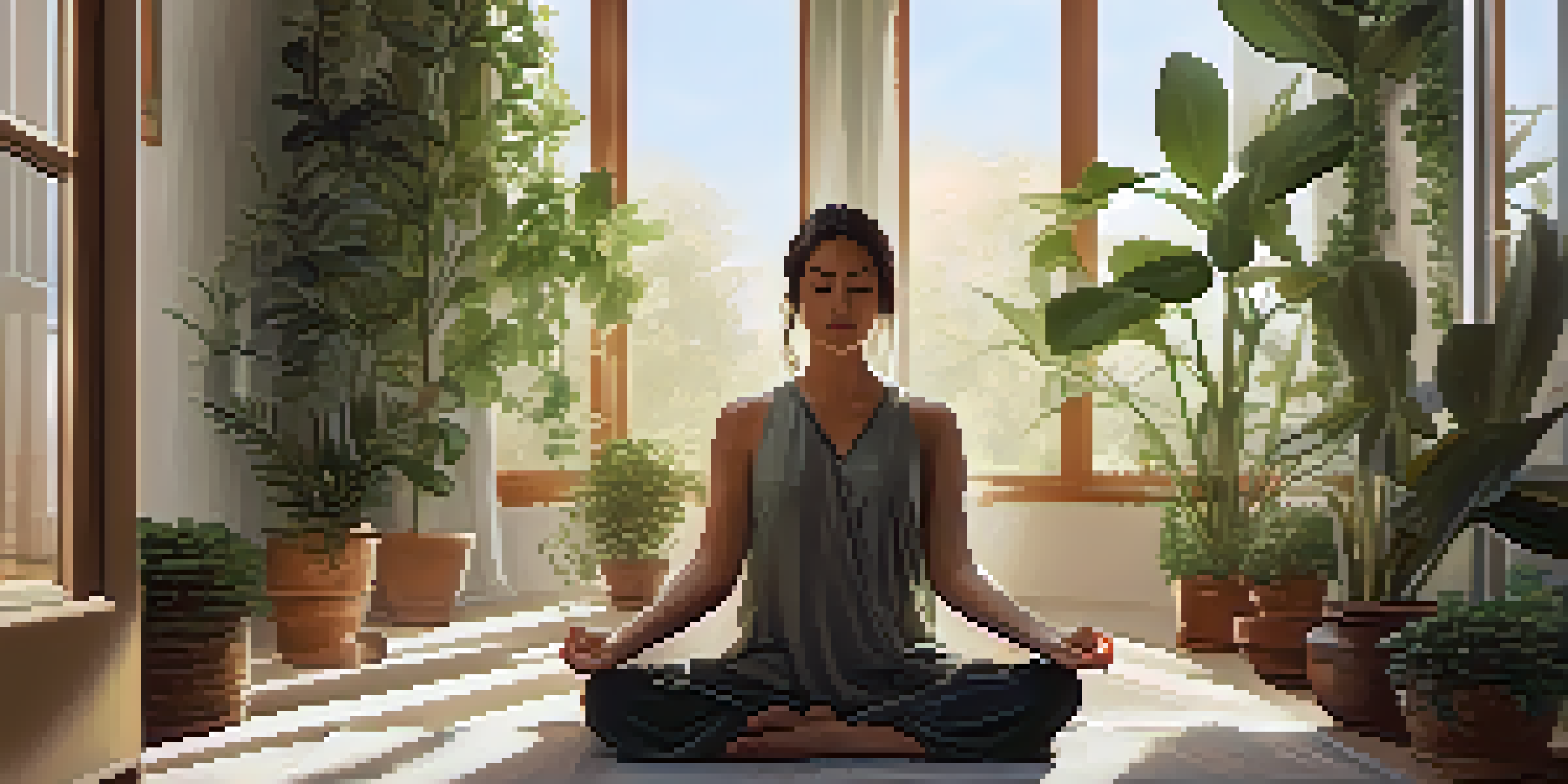 A person meditating peacefully in a sunlit room filled with plants and soft sunlight coming through curtains.