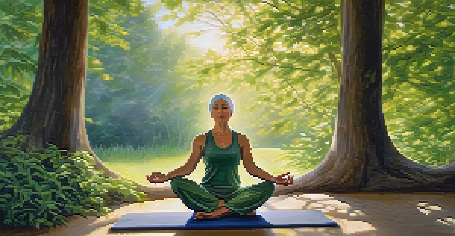 A cancer patient practicing yoga outdoors in a serene natural setting, promoting peace and healing.