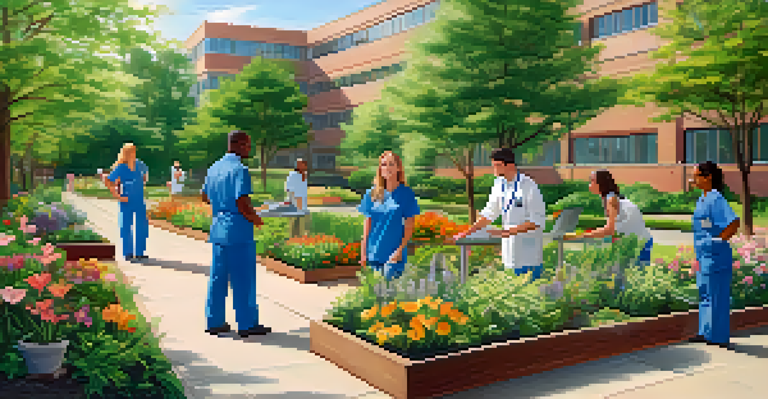 Healthcare staff enjoying a team-building activity in a serene hospital garden filled with greenery and flowers.