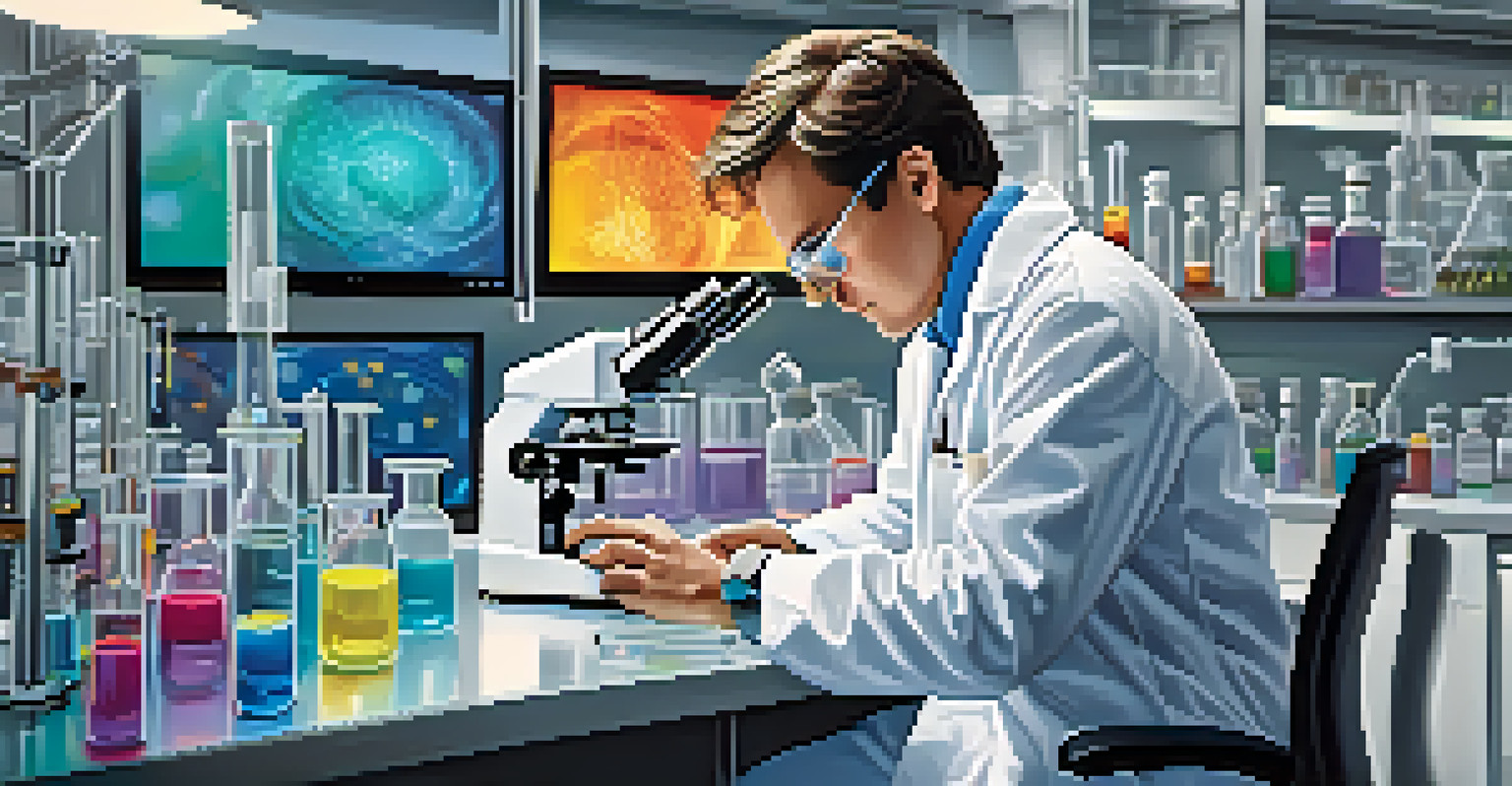 A scientist in a lab coat examining samples under a microscope in a modern laboratory filled with high-tech equipment.