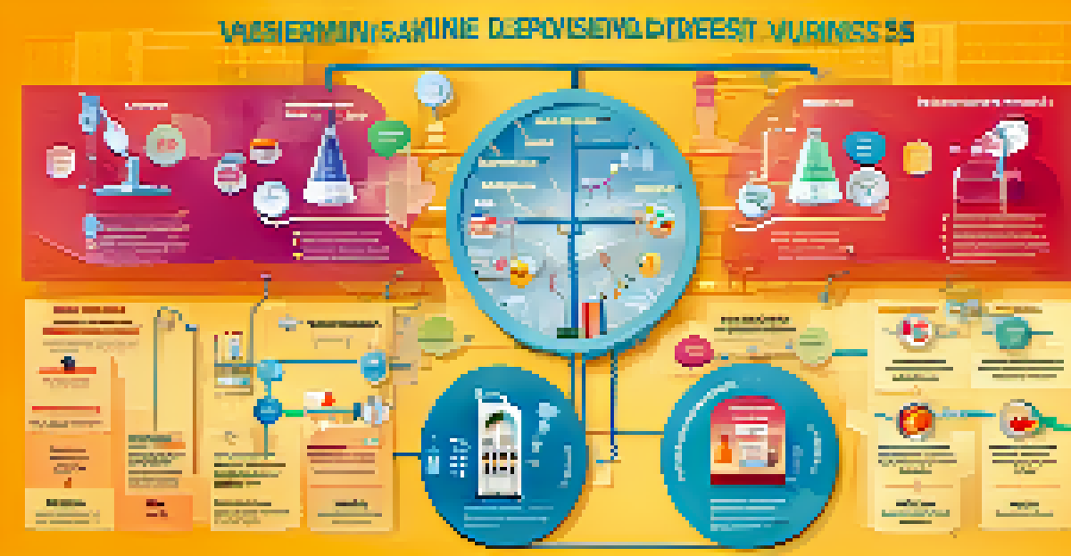 An infographic illustrating the vaccine development process with stages like research, testing, and approval, using vibrant colors and icons.