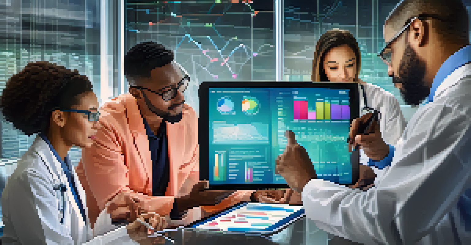 A group of healthcare professionals discussing health data analytics with colorful graphs on a tablet in a modern office.