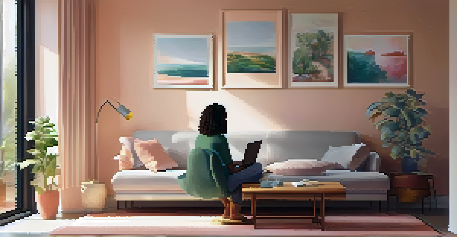 A person sitting on a couch, engaging in a telepsychology session on a laptop in a softly lit, calming room.