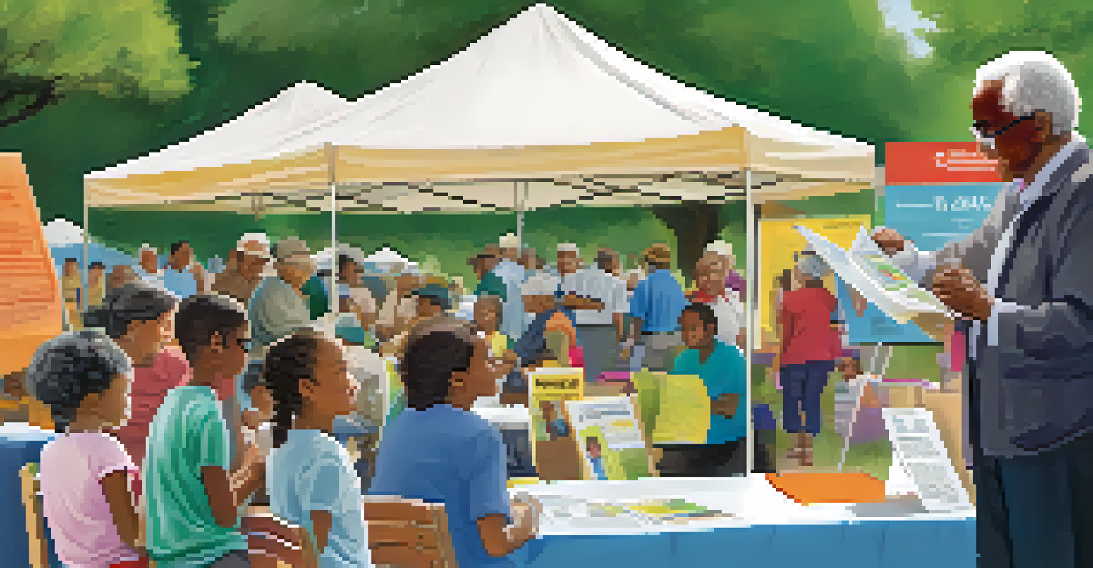 An elderly man reading a health pamphlet at a vibrant community health fair.