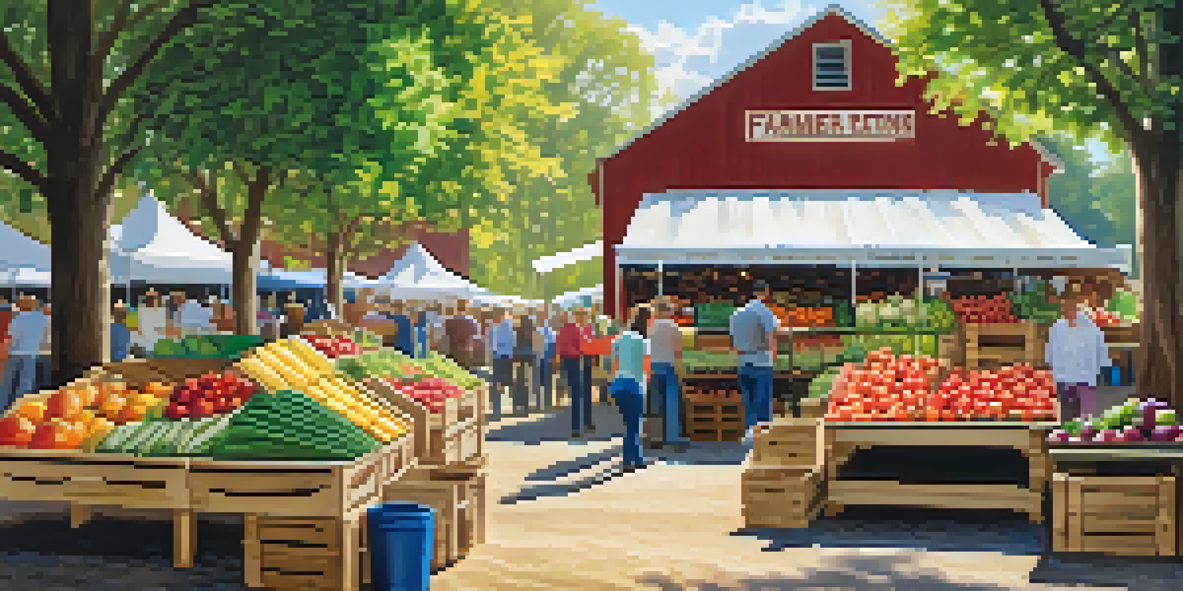 A lively farmer's market with fresh fruits and vegetables, sunlight filtering through trees, and families participating in cooking demonstrations.