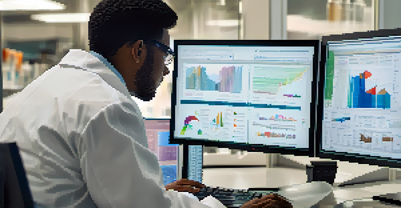 A researcher analyzing clinical trial data on a computer screen in a modern laboratory.
