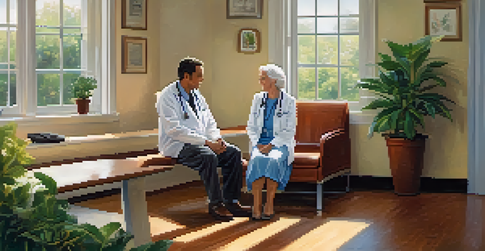 A doctor and an elderly patient having a friendly conversation in a well-lit healthcare clinic.