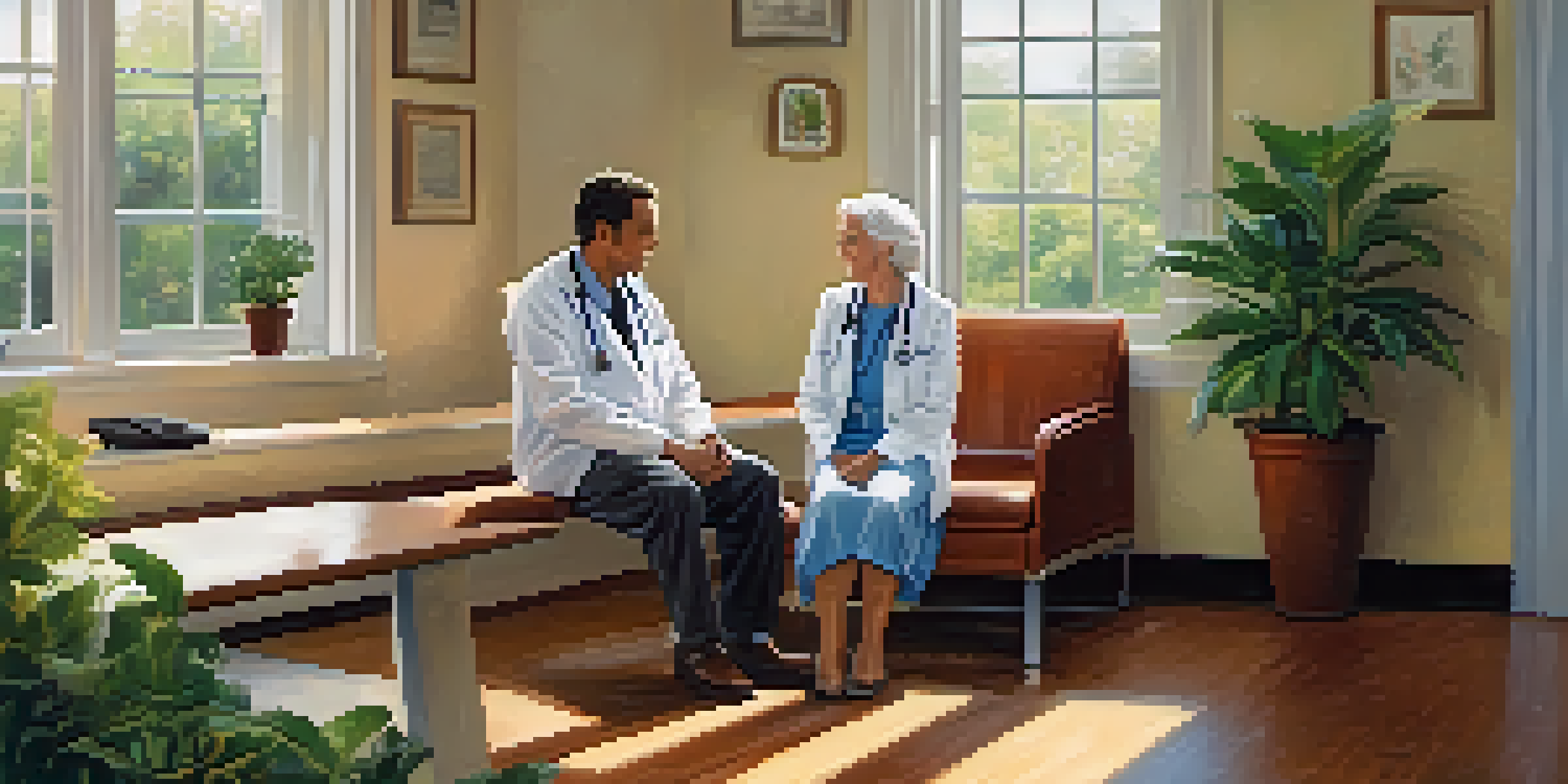 A doctor and an elderly patient having a friendly conversation in a well-lit healthcare clinic.