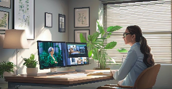 A doctor consulting with a patient on a video call in a cozy home office filled with plants and medical books.