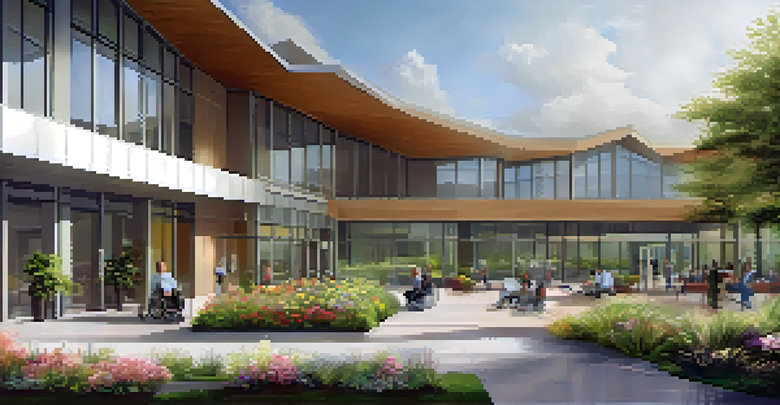 A modern accessible healthcare facility with ramps and wide doorways, showing a person in a wheelchair approaching the entrance.