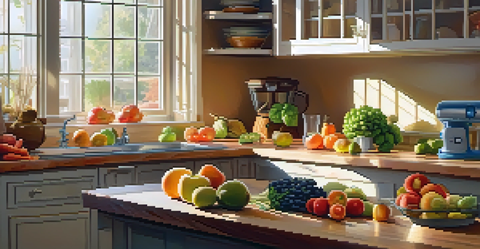 A bright kitchen filled with fresh fruits and vegetables on a wooden countertop, illuminated by sunlight.