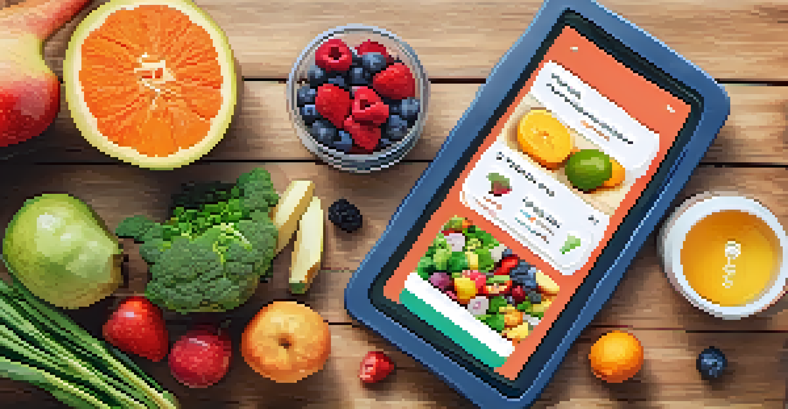 A flat lay of a healthy meal prep with fruits and vegetables, alongside a tablet displaying a nutrition app, all arranged on a wooden table.