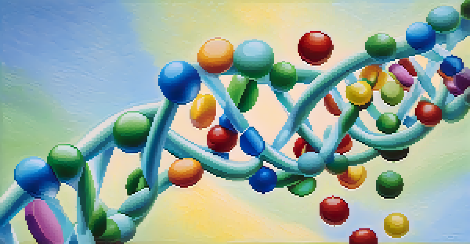A colorful DNA double helix intertwined with pill capsules, representing the relationship between genetics and medication.