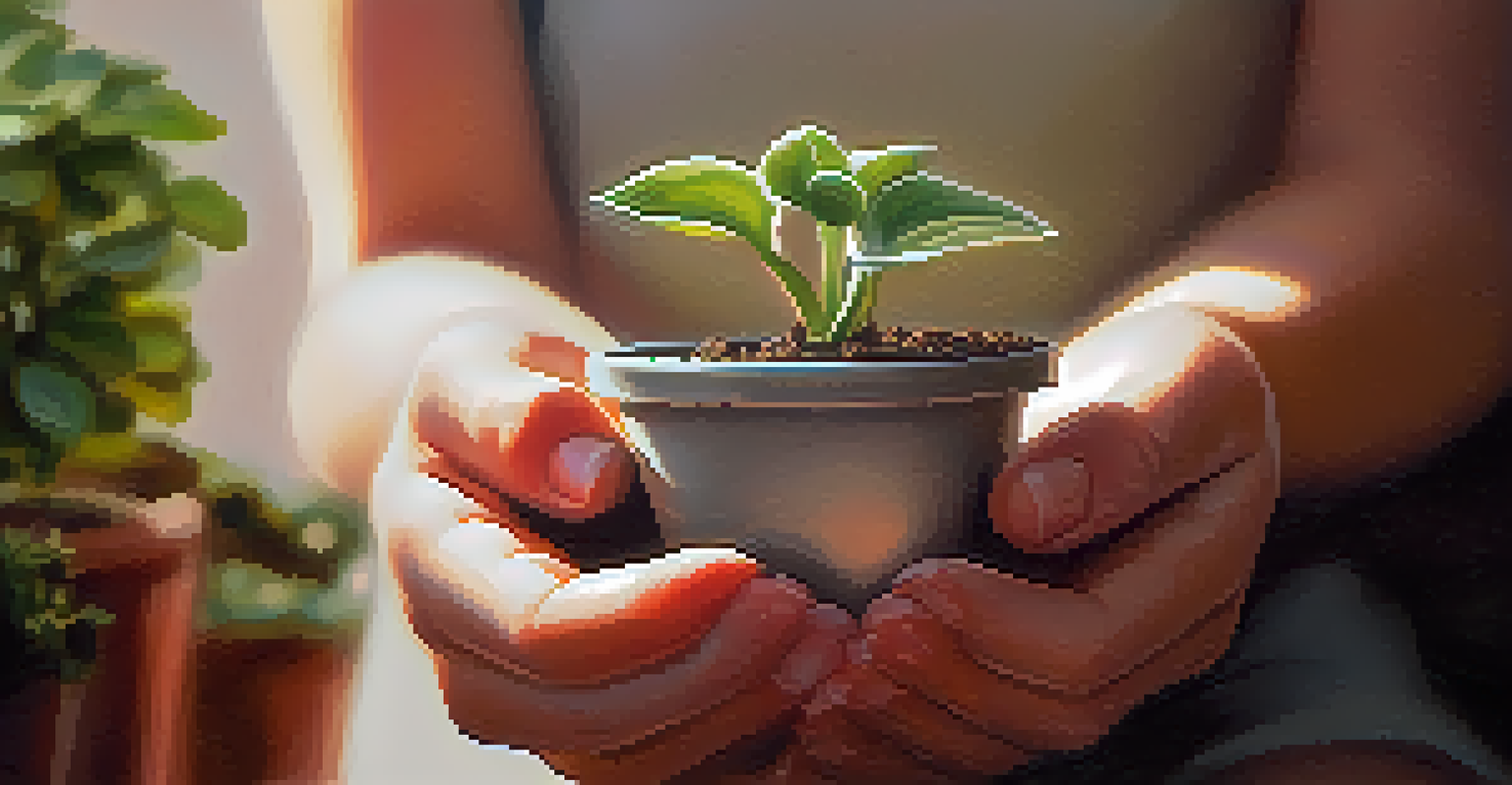 Close-up of hands holding a small potted plant, symbolizing growth and care in a warm, inviting setting.