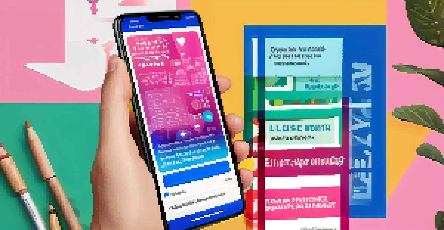 A smartphone showcasing a social media campaign on mental health, surrounded by young people in a park.