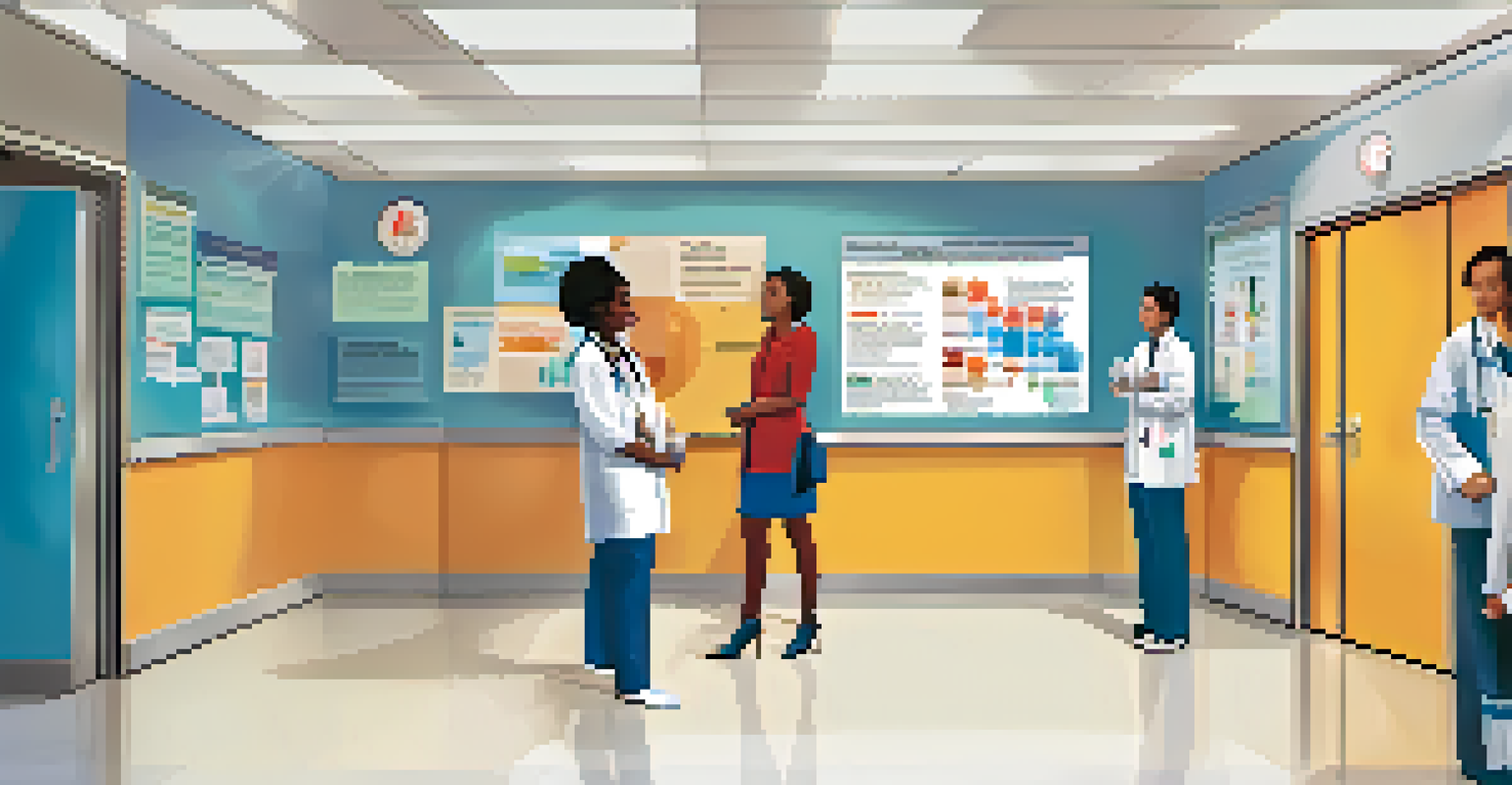 An educational poster on a clinic wall with a flowchart outlining a treatment pathway, surrounded by a busy clinic environment.