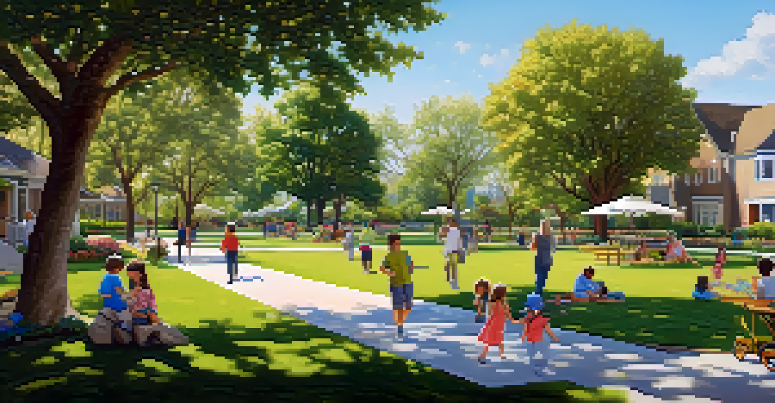 A neighborhood park with green spaces and families enjoying picnics, filled with children playing and flowers blooming.