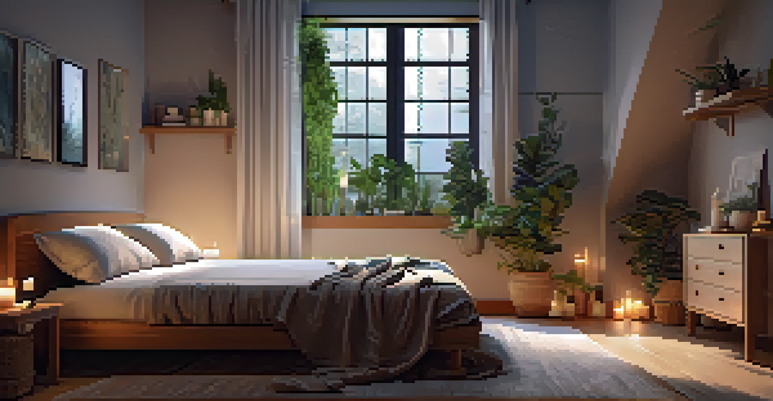 A person meditating in a cozy bedroom with soft lighting and calming decor.