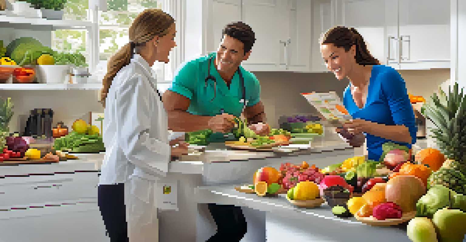 A nutritionist discussing healthy meal options with an athlete in a modern kitchen.