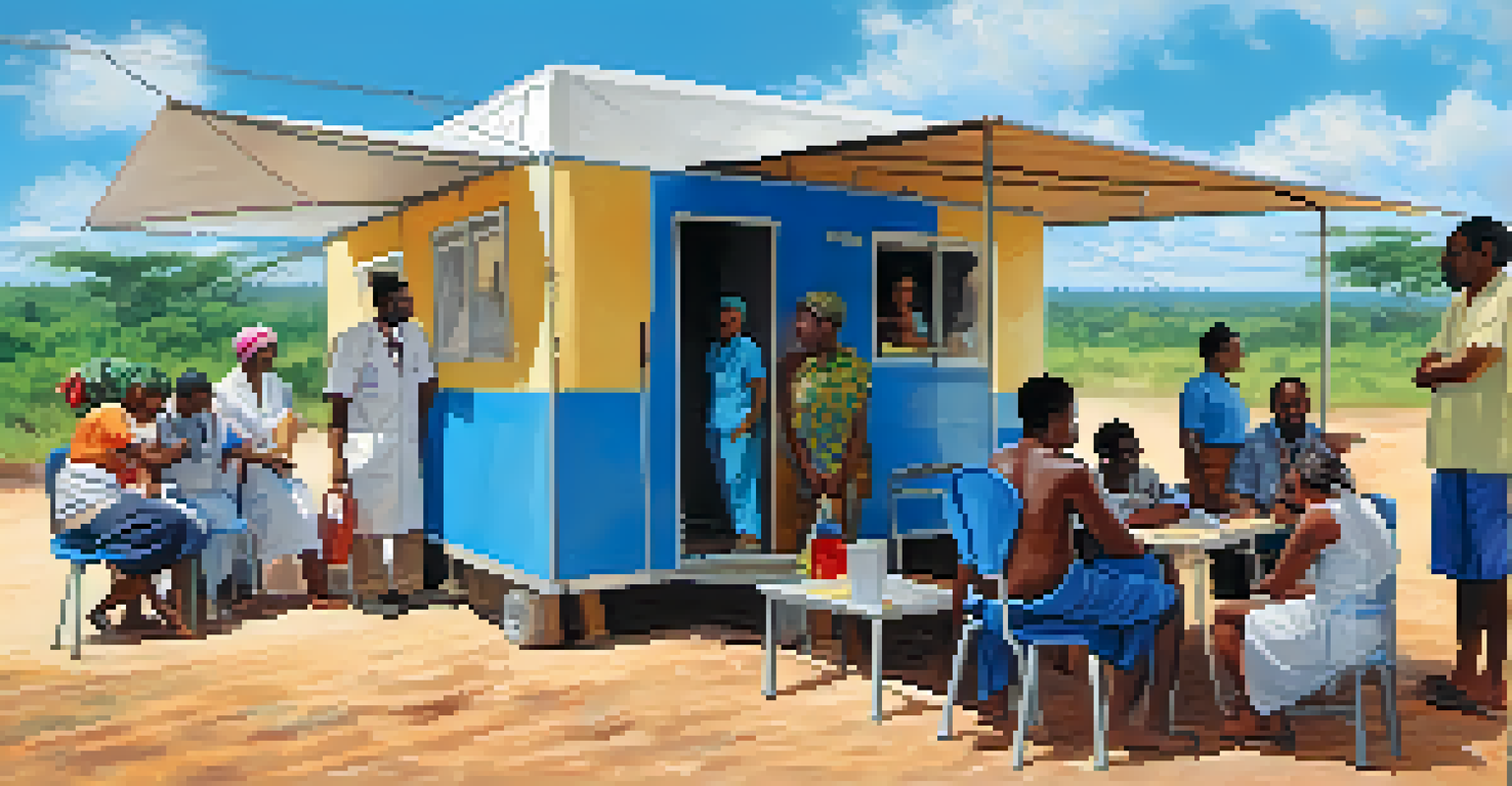 A mobile health clinic in a rural area with healthcare workers assisting community members under a blue sky.