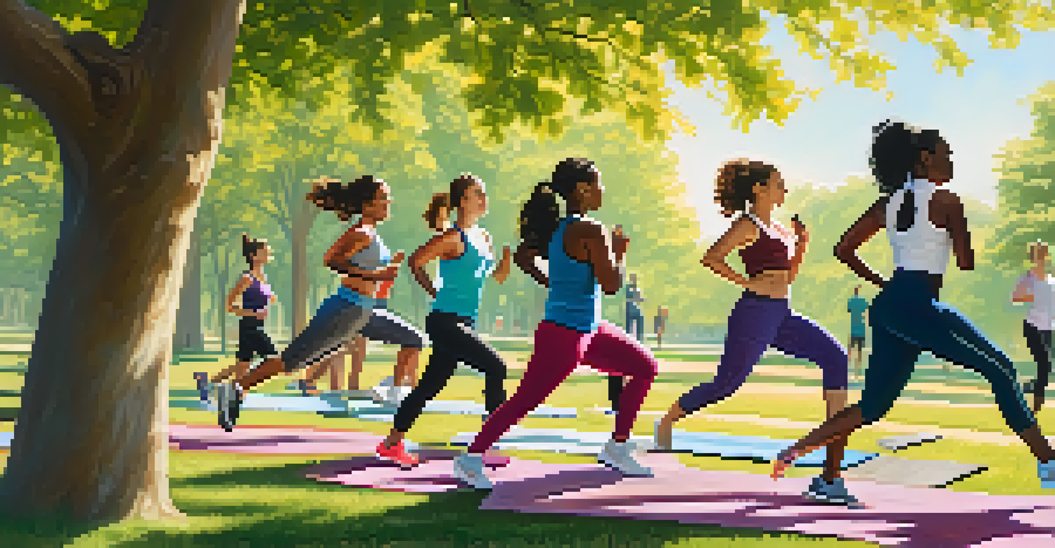 A diverse group of people exercising outdoors in a park, with some using inhalers, promoting healthy asthma management.
