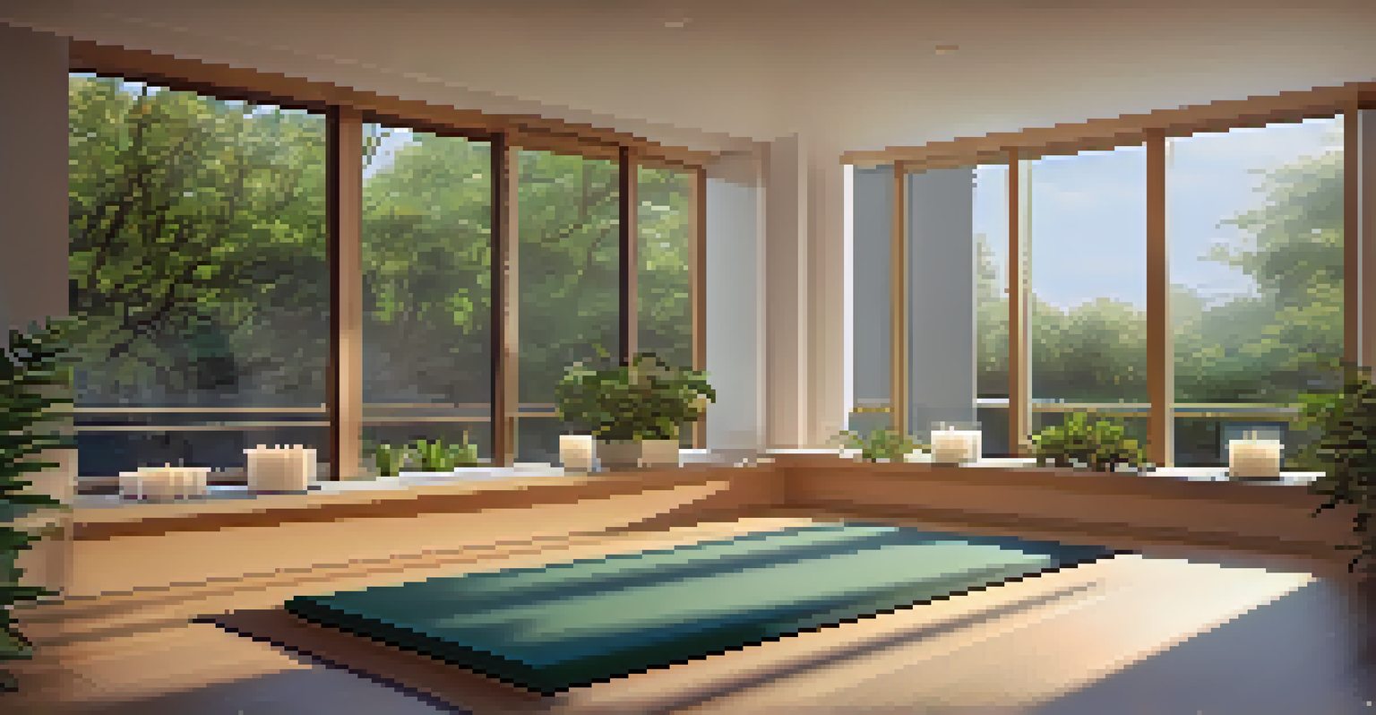 A peaceful meditation space with soft lighting, a mat, and candles, overlooking a serene garden.