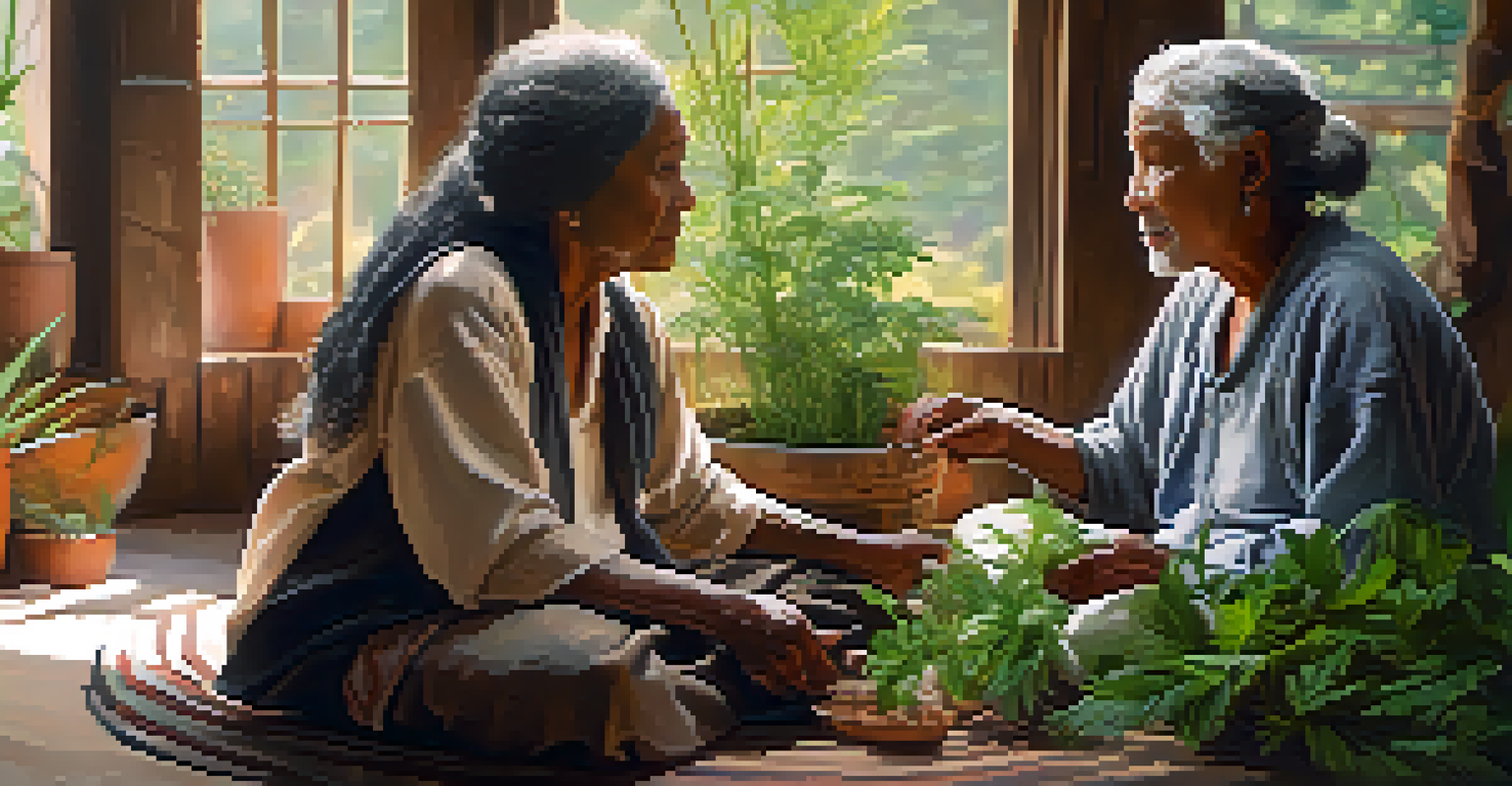 An Elder teaching a younger person about traditional healing methods in a cozy room filled with plants and natural light.
