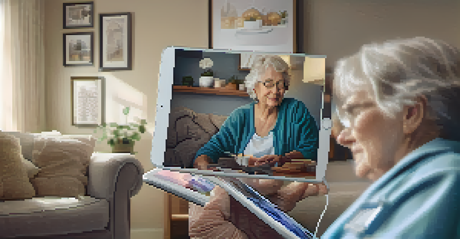 An elderly person using a tablet in a cozy living room for a virtual doctor consultation.