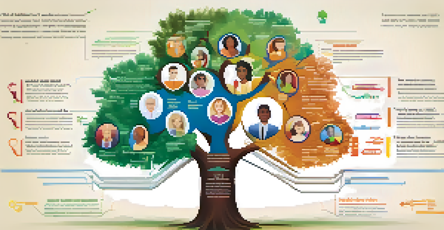 An infographic illustration of a family tree with health conditions marked next to names, featuring vibrant colors and icons.