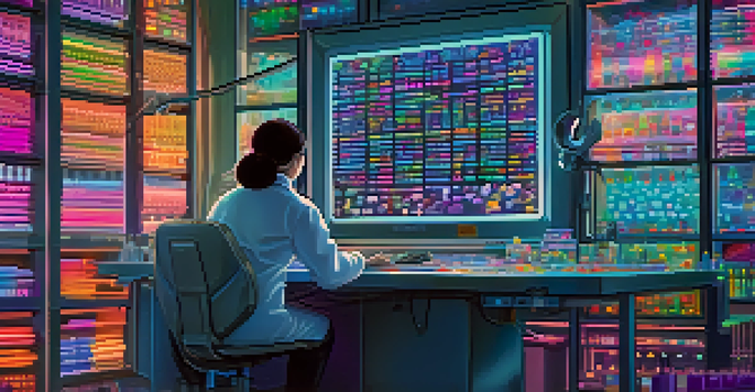A scientist in a laboratory analyzing DNA sequences on a computer, with colorful genetic models and drug compounds around.