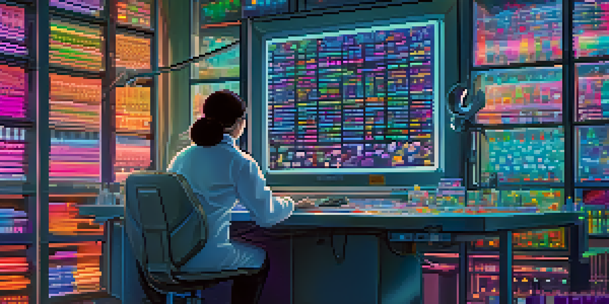 A scientist in a laboratory analyzing DNA sequences on a computer, with colorful genetic models and drug compounds around.