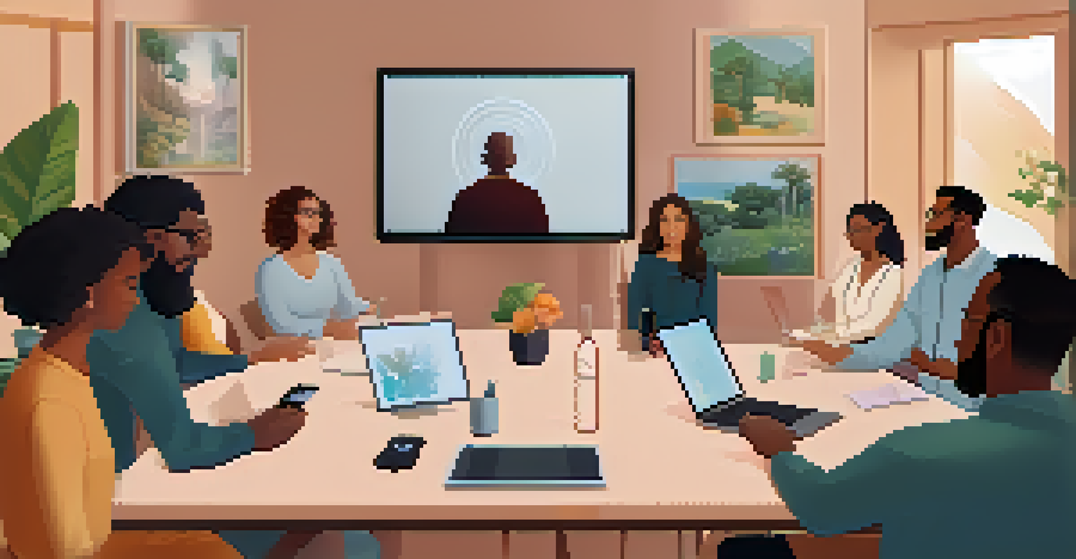 A virtual group therapy session displayed on multiple screens with diverse participants engaged in discussion.