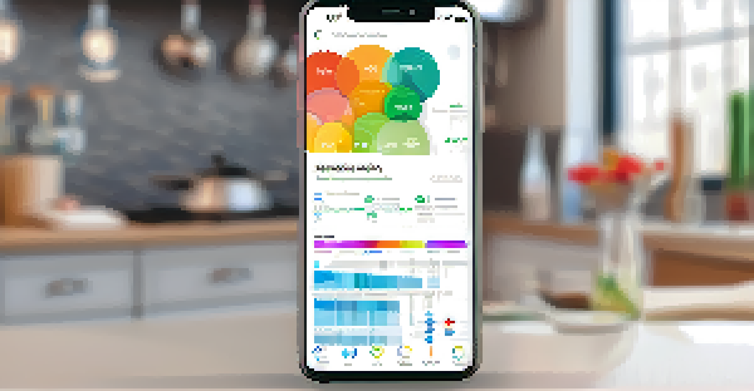 A close-up of a smartphone showing a health app interface with graphs and notifications, set against a blurred kitchen background.