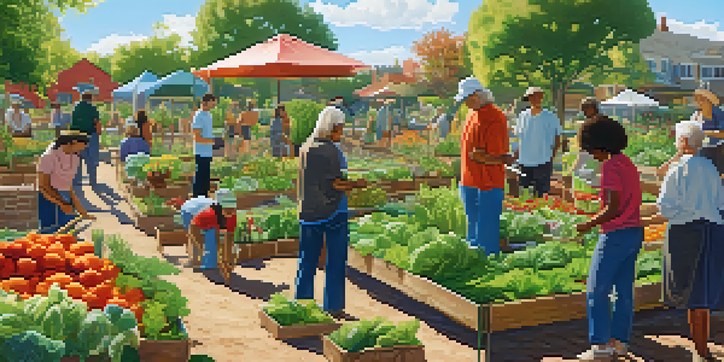 A community garden with people of various ethnicities working together among plants and vegetables under a sunny sky.
