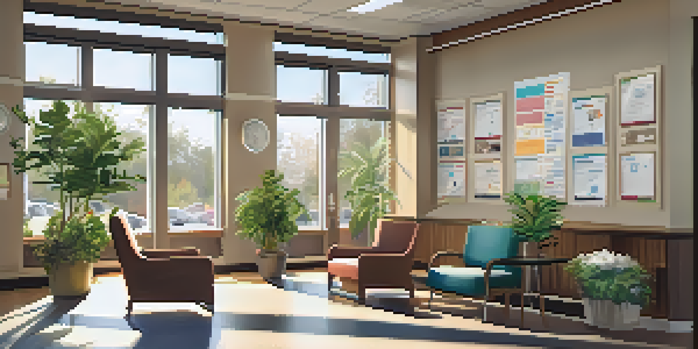 A welcoming healthcare clinic interior with a cozy waiting area, nurse interacting with a patient, and natural light streaming through the windows.