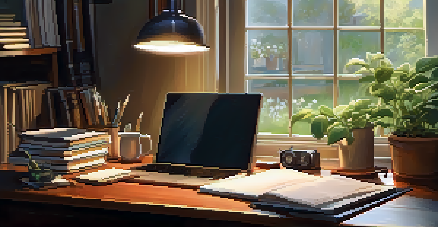 A cozy home office with a wooden desk, notebooks, a steaming cup of tea, and a view of a peaceful garden through the window.